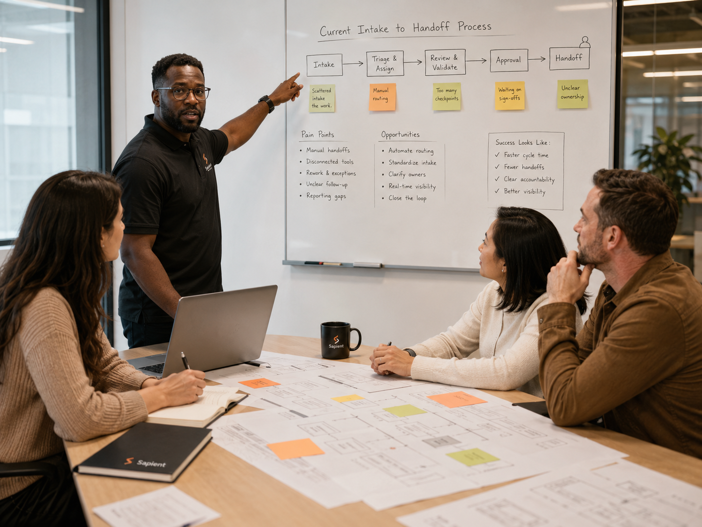 Team reviewing a workflow process map on a whiteboard.