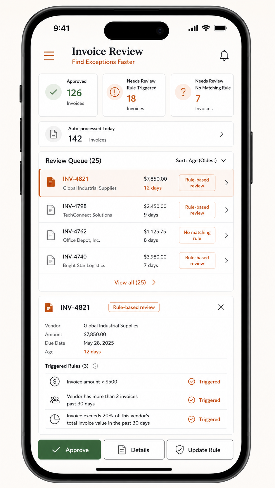 Routine work automation mobile view showing approvals, reviews, and exceptions