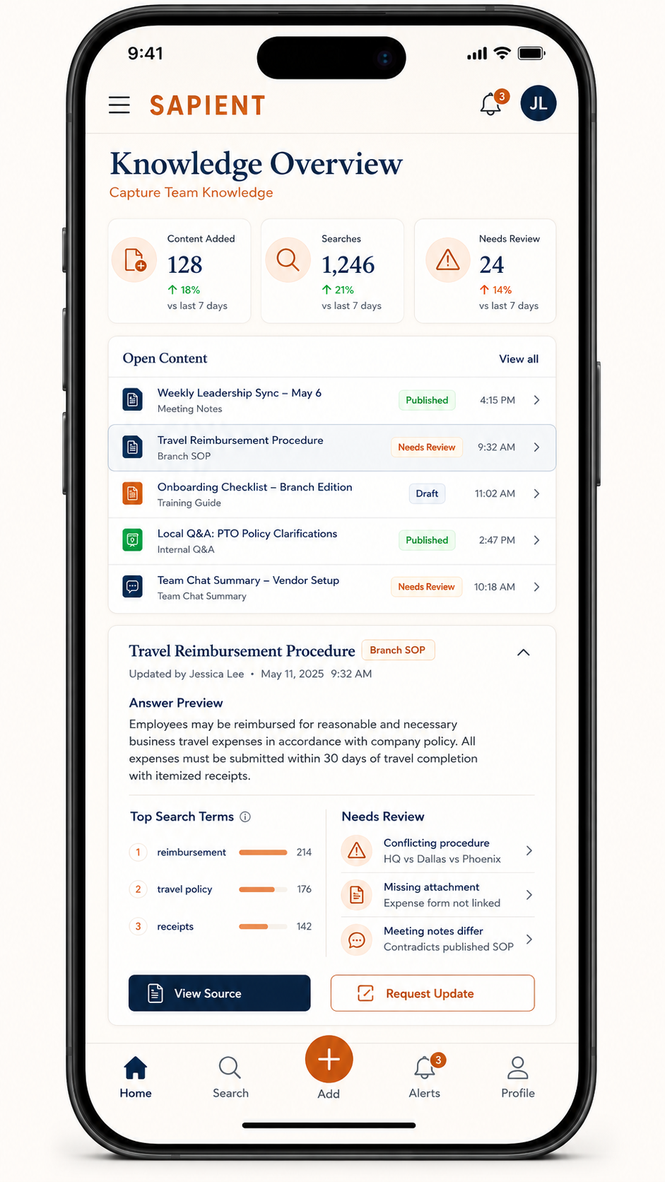 Team knowledge mobile view showing answers, source documents, and conflicts from the field