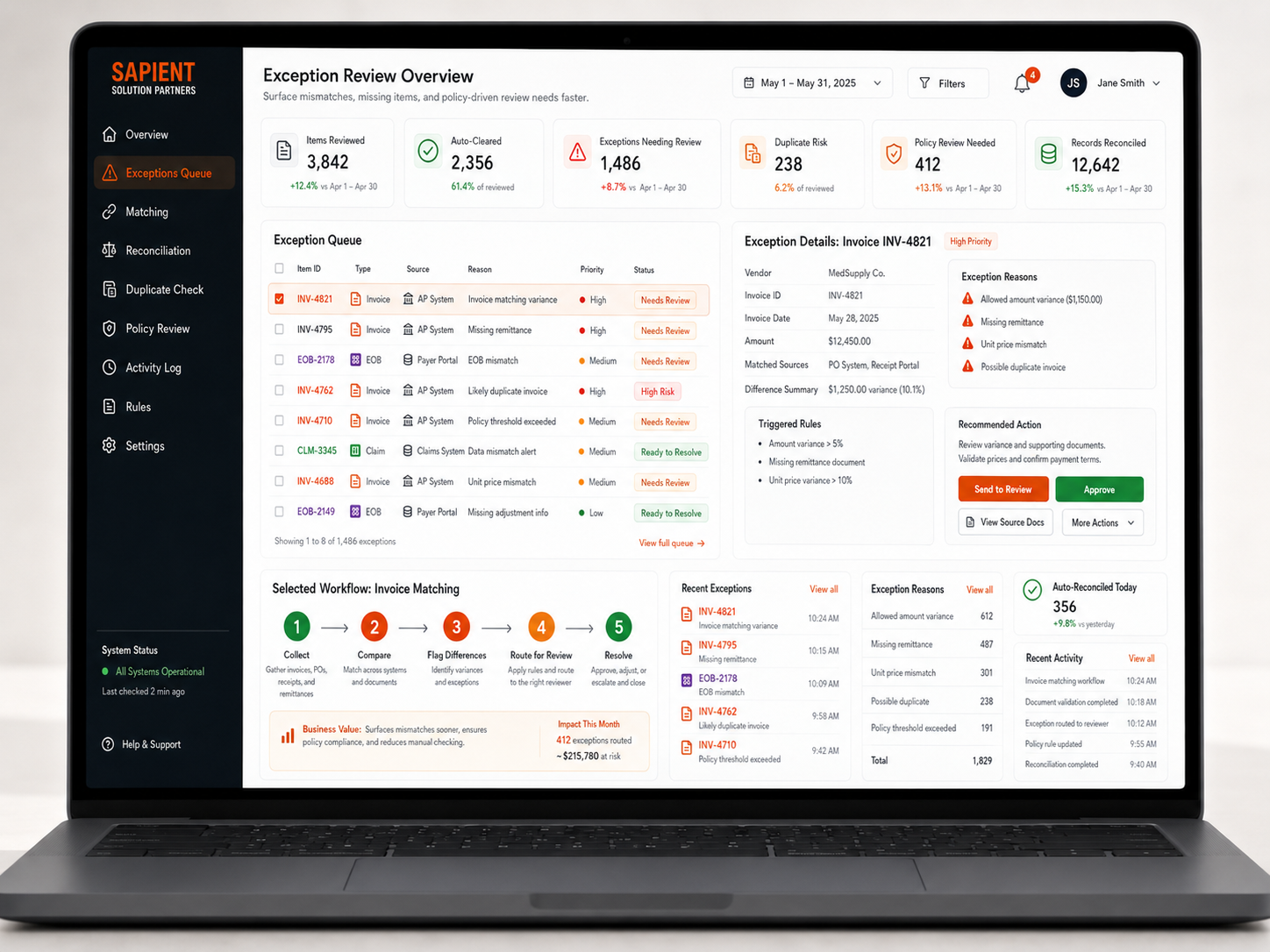Exception review laptop dashboard showing queues, reasons, source documents, triggered rules, and recommended actions