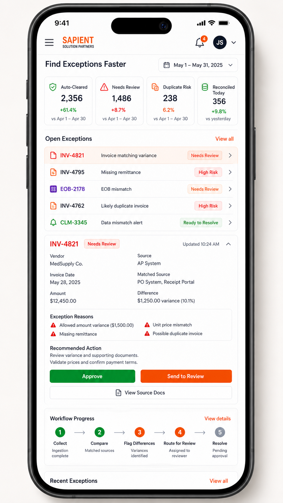 Exception review mobile view showing invoice, EOB, duplicate, and policy exceptions