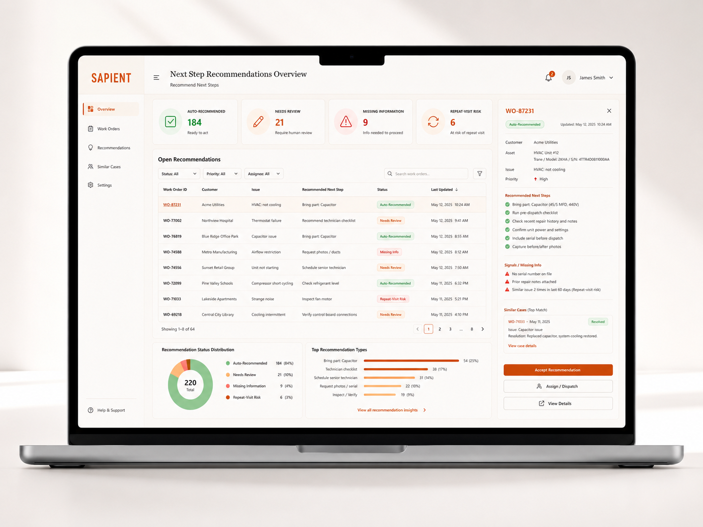 Recommended next steps laptop dashboard showing actions, repeat-visit risks, and missing details