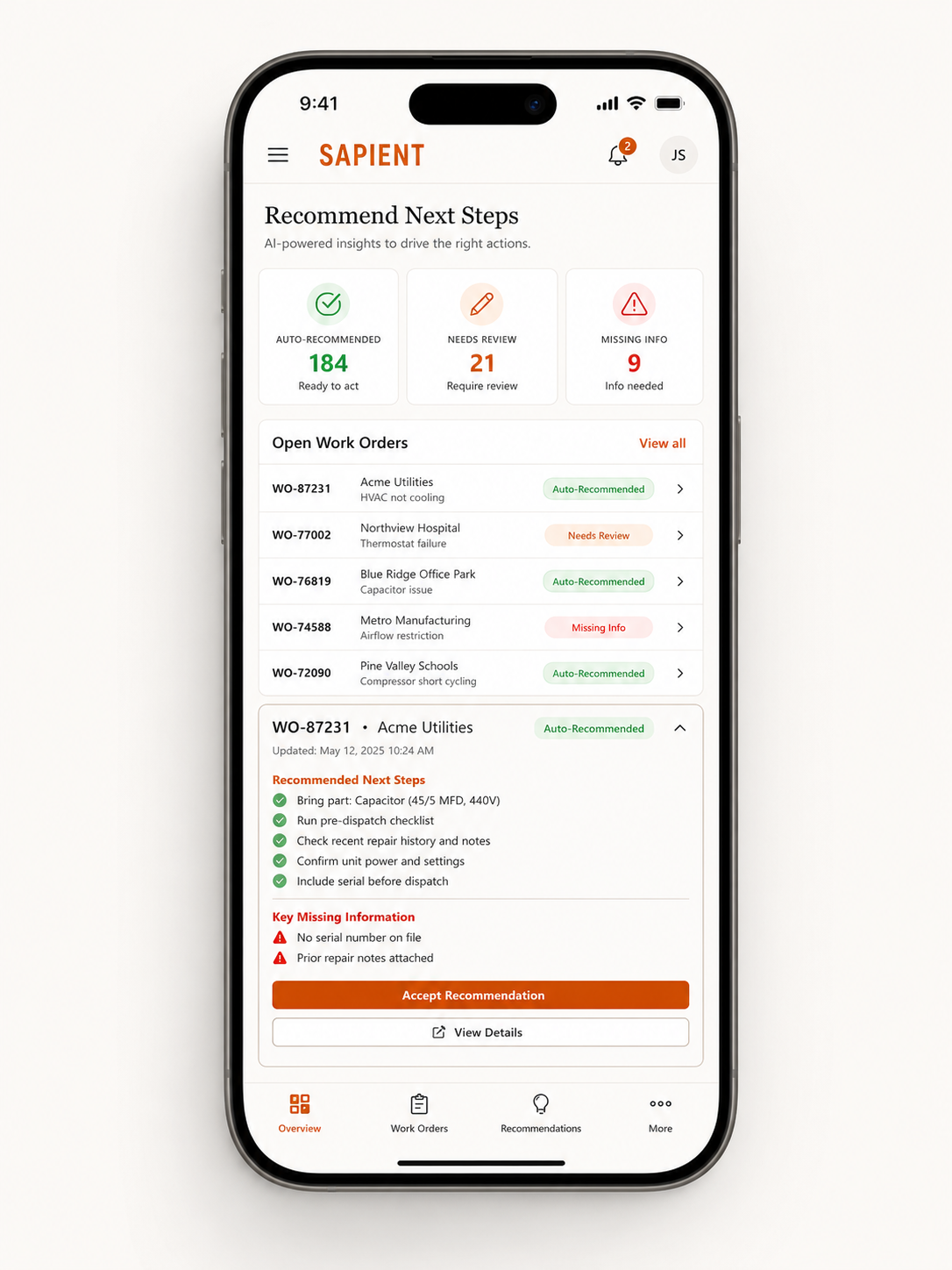 Recommended next steps mobile view showing accept, assign, and investigate actions
